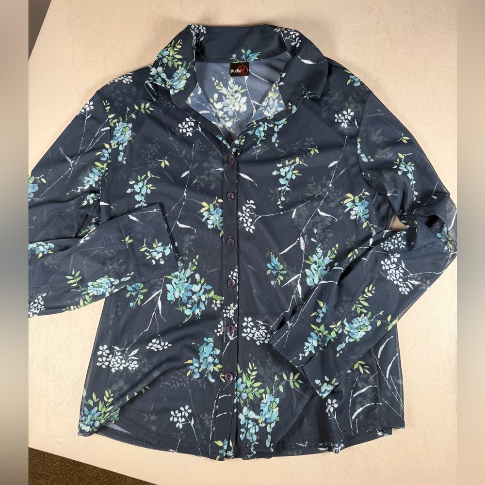Studio Y Y2K Sheer Floral Button Up Shirt Woman Large Navy Blue Green 90’s
